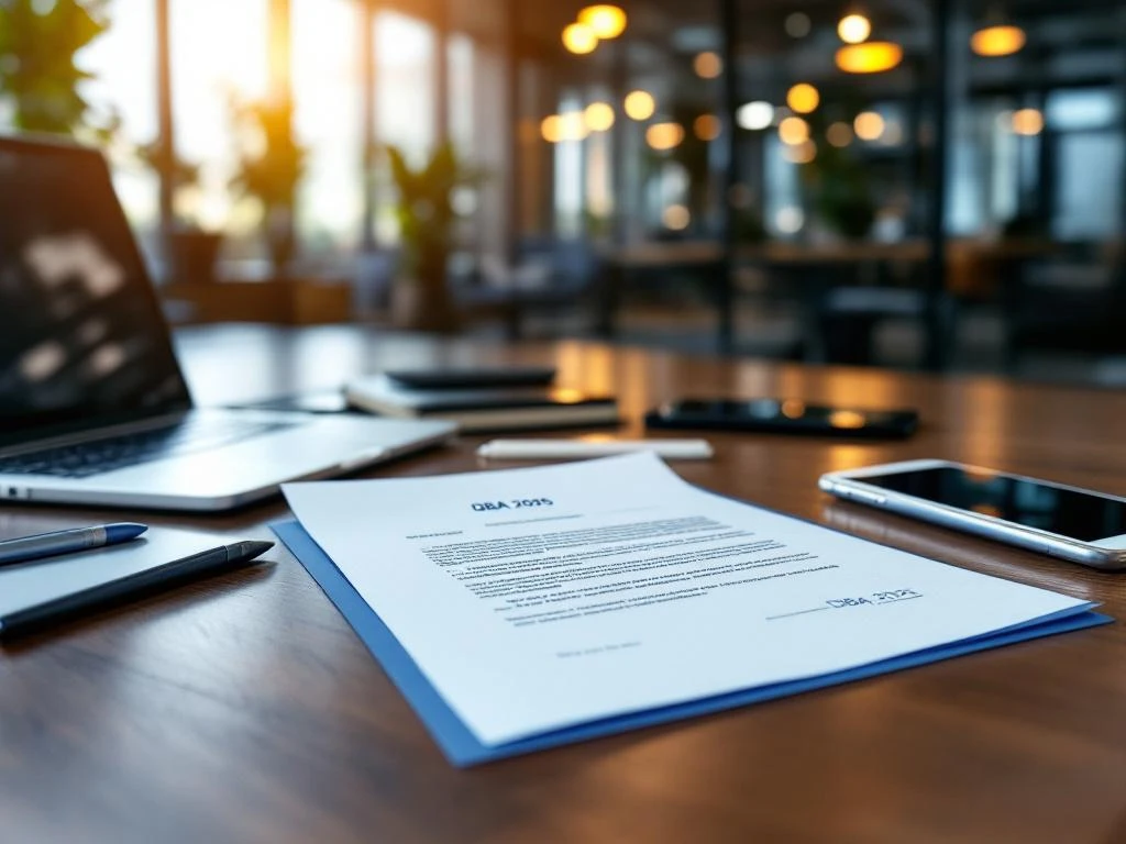 Juridisch document met "DBA 2025" op bureau met laptop, tablet en smartphone in moderne kantooromgeving