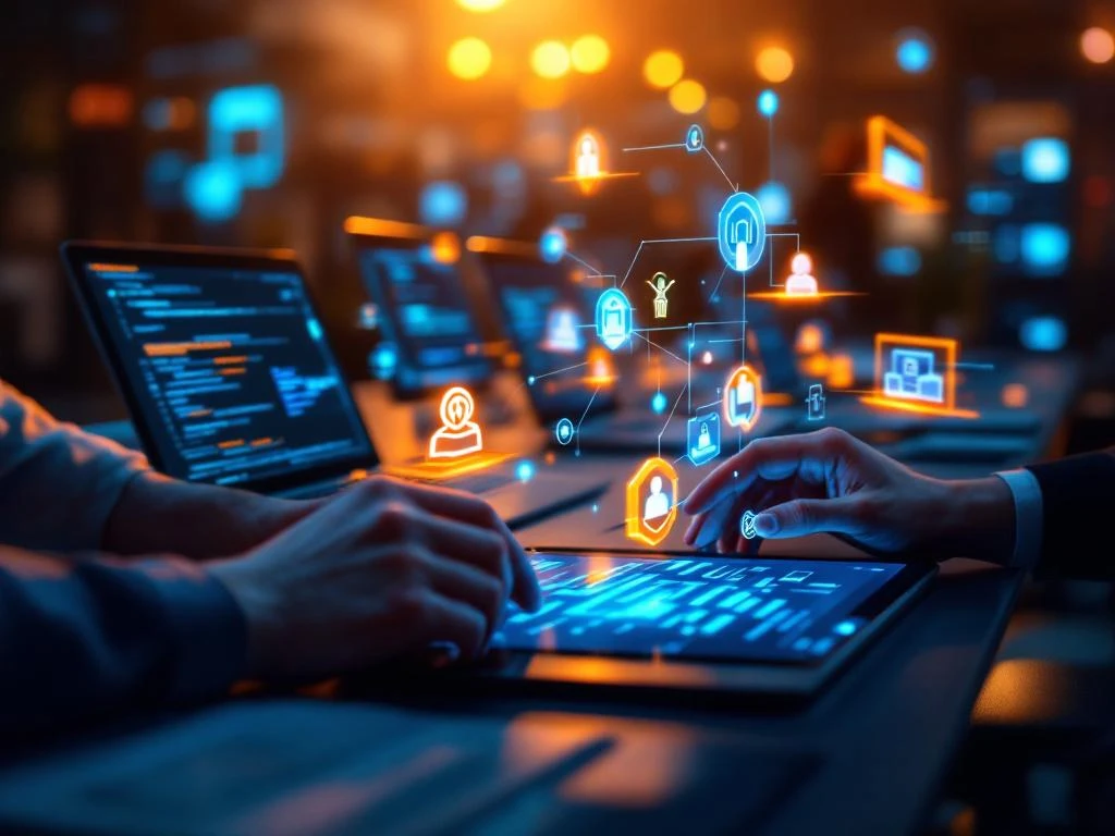 Professionele IT-werving: moderne kantoorruimte met laptops, holografische iconen en organisatieschema's op tablet