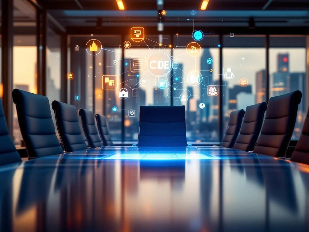 Lege moderne bestuurskamer met conferentietafel en zwevende holografische tech-iconen, nadruk op hoofdstoel