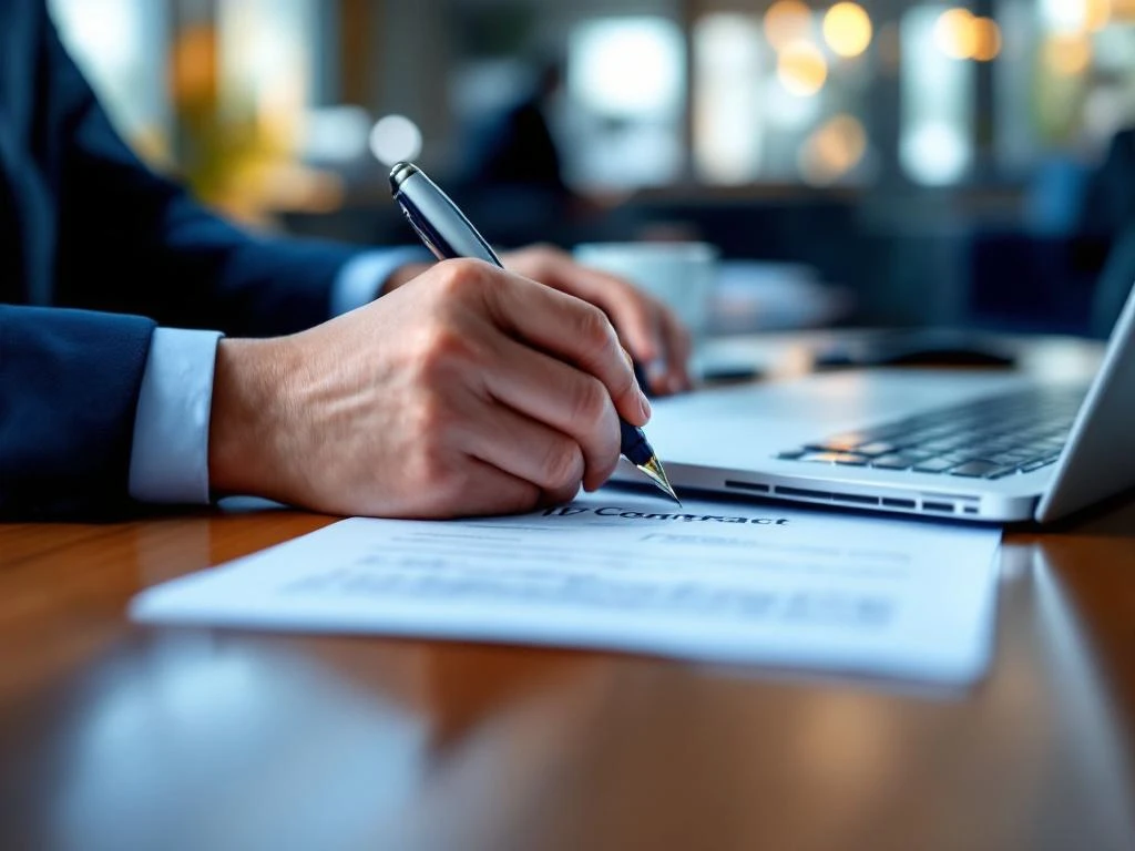 Handen ondertekenen IT-contractdocumenten met vulpen op houten bureau met laptop in professionele kantooromgeving