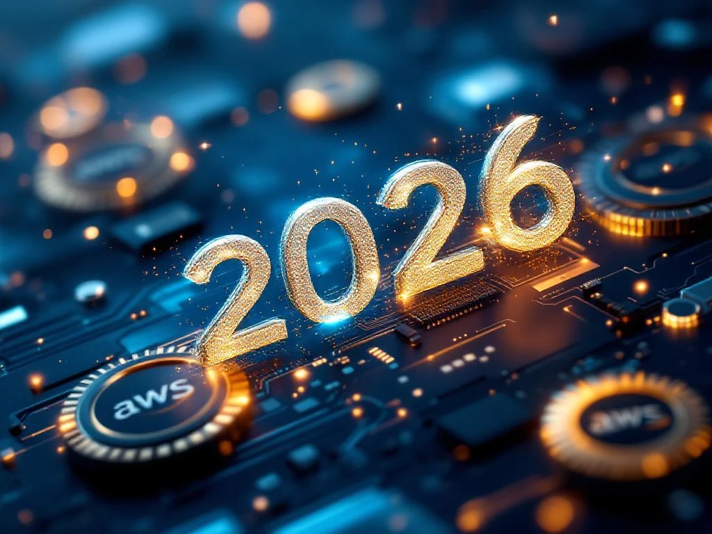 AWS certificeringsbadges en digitale certificaten zwevend tegen blauwe achtergrond met holografische "2026" nummers